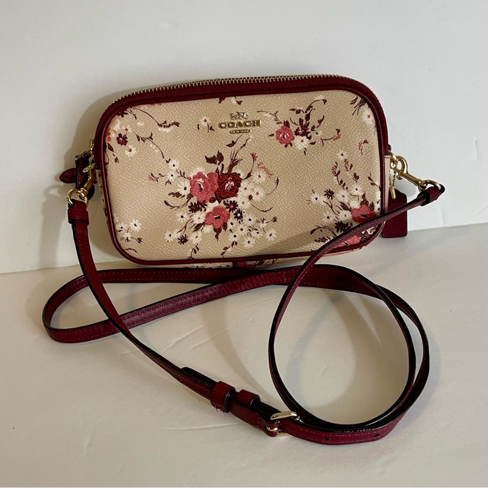 Coach Floral Tan & Burgundy Crossbody/Wristlet